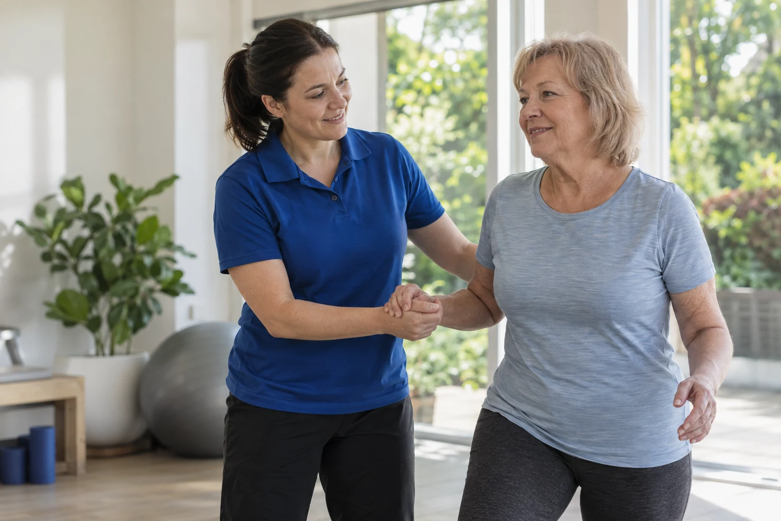 A therapist supporting a woman during an exercise